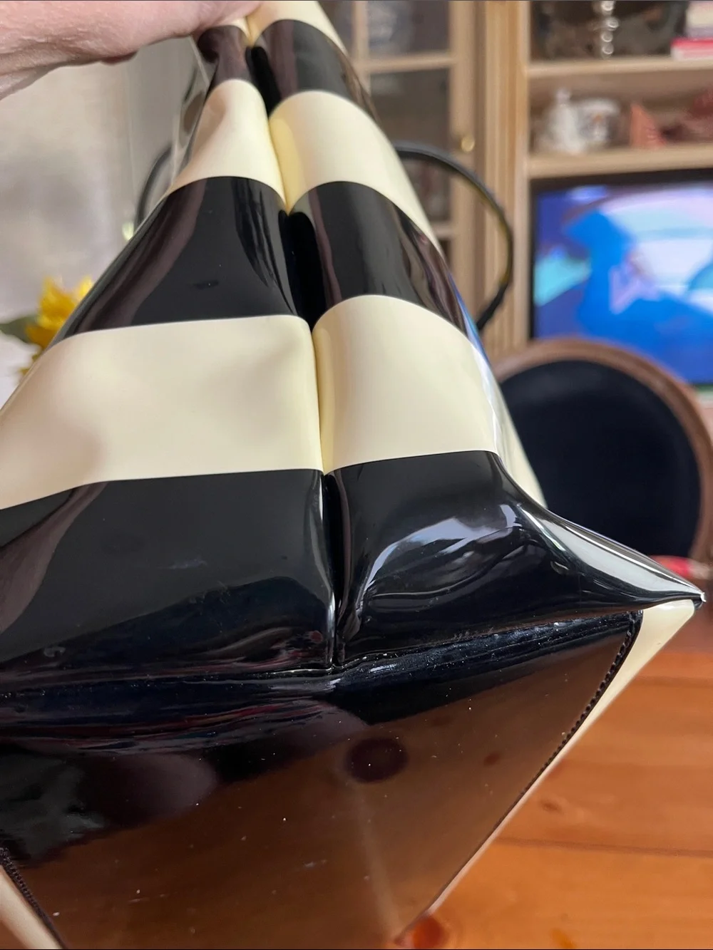 kate spade Black and Cream Striped Patent Tote Bag